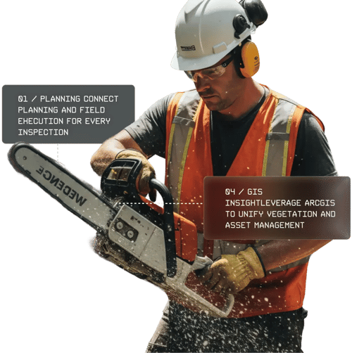 Worker using chainsaw with planning and GIS focus.